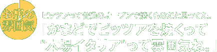 [お店の雰囲気]ピッツアって普通のオーブンで焼くものだと思ってた。『かまどでピッツアを焼くって"本場イタリア"って雰囲気ね。』